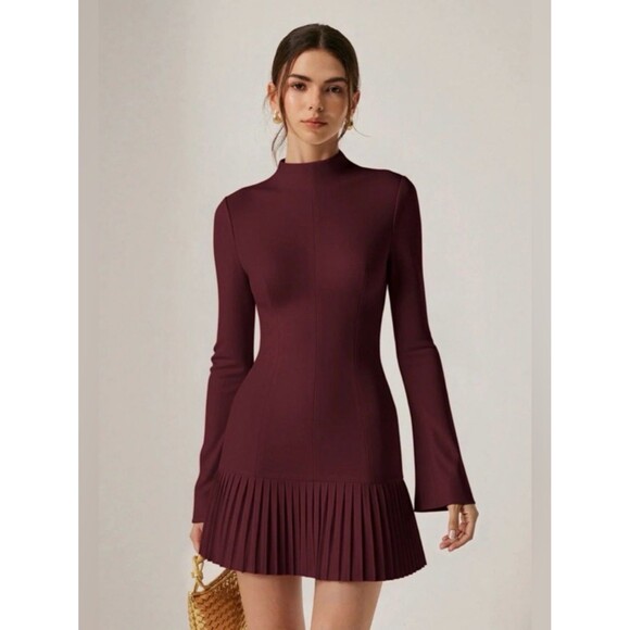 Commense Dresses & Skirts - Commense Burgundy Bell Long Sleeve Pleated Hem Mini Dress Size Small